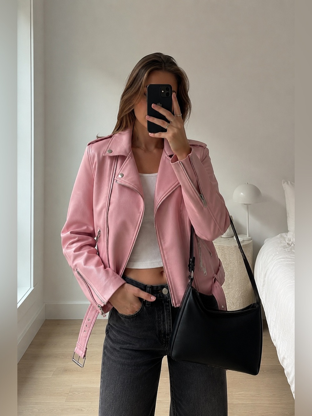 Zara Barbiecore Moto Biker Jacket Textured Pink Faux Leather Size S